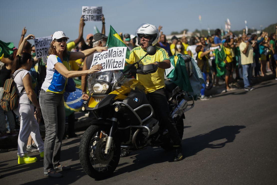 Supporters of President Jair Bolsonaro rally against current Rio de Janeiro Governor Wilson Witzel on May 31, 2020 in Rio de Janeiro, Brazil.