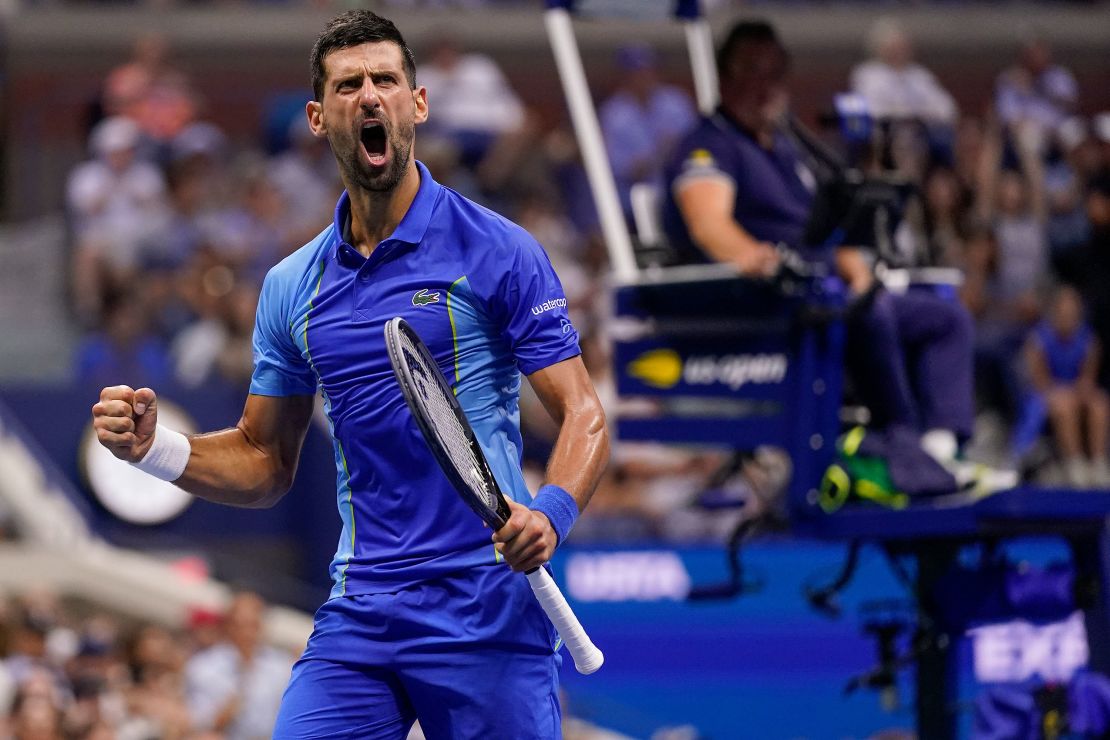 Novak Djokovic, of Serbia, reacts after winning a game in the second set against Daniil Medvedev, of Russia.