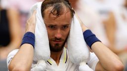 NEW YORK, NEW YORK - SEPTEMBER 06: Daniil Medvedev cools down between games against Andrey Rublev during their Men's Singles Quarterfinal match on Day Ten of the 2023 US Open at the USTA Billie Jean King National Tennis Center on September 06, 2023 in the Flushing neighborhood of the Queens borough of New York City. (Photo by Sarah Stier/Getty Images)