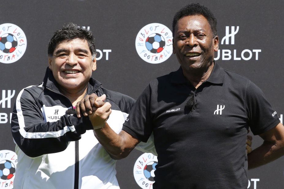 Pelé and Argentine soccer great Diego Maradona pose for a photo together in 2016. The two shared FIFA's Player of the Century award in 2000. After Maradona's death in 2020, Pelé paid tribute to his 