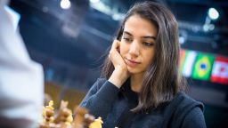Iranian chess player Sara Khadem competes, without wearing a hijab, in FIDE World Rapid and Blitz Chess Championships in Almaty, Kazakhstan December 26, 2022, in this picture obtained by Reuters on December 27, 2022. Lennart Ootes/FIDE/via REUTERS THIS IMAGE HAS BEEN SUPPLIED BY A THIRD PARTY. MANDATORY CREDIT. NO RESALES. NO ARCHIVES.