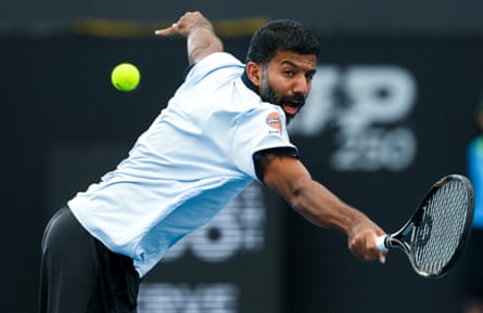 Rohan Bopanna of India plays a back hand in the 2024 Adelaide International