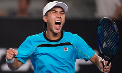 Rinky Hijikata celebrates winning a point over Jan-Lennard Struff during their first round match at the 2024 Australian Open.