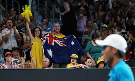 Fans in attendance show their support in the round one singles match between Rinky Hijikata of Australia and Jan-Lennard Struff of Germany during the 2024 Australian Open.