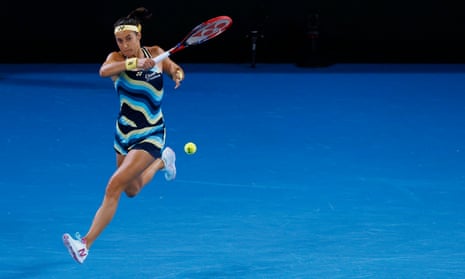 Caroline Garcia fires off a forehand during her first round match against Naomi Osaka at the 2024 Australian Open.