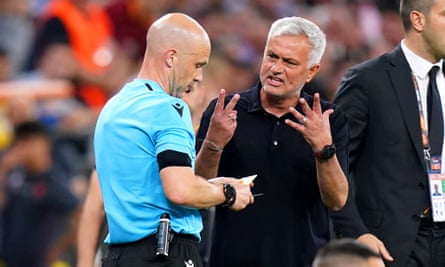 José Mourinho exchanges words with Anthony Taylor during last year’s Europa League Final.