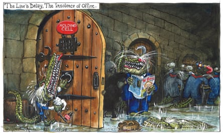 Politicians depicted as crocodiles, watching victims of the post office scandal emerge from an underground dungeon.
