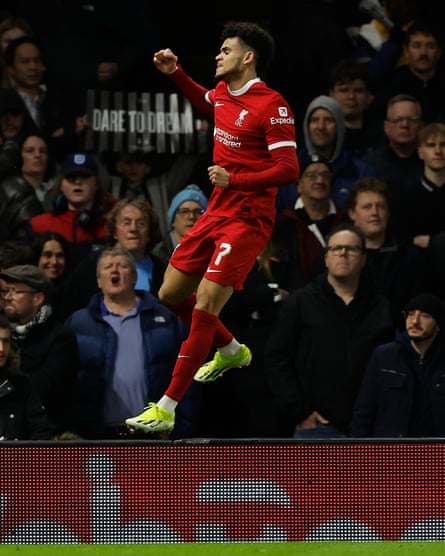 Liverpool’s Luis Diaz celebrates after opening the scoring during the Carabao Cup semi-final second leg match between Fulham and Liverpool.
