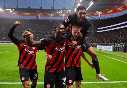 Omar Marmoush and his Frankfurt teammates celebrate scoring against Bayern Munich in December