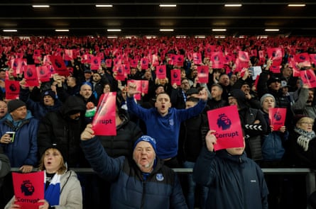 Everton fans protest at their 10-point penalty in November.