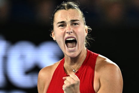 Belarus' Aryna Sabalenka reacts during her win.
