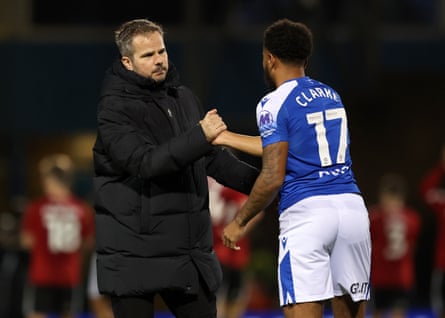 Stephen Clemence with Jayden Clarke after Gillingham’s victory over Salford in November.