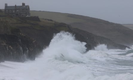 High waves due to Storm Isha hit the shore in Porthleven, Cornwall, on Sunday 21 January.