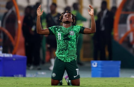 Nigeria’s Samuel Chukwueze reacts after reaching the Africa Cup of Nations final.