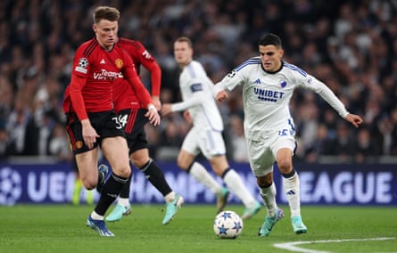 FC Copenhagen’s Mohamed Elyounoussi runs with the ball under pressure from Scott McTominay at Parken