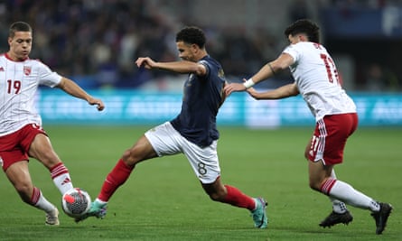 France’s Warren Zaïre-Emery causing problems for the Gibraltar defence during a Euro 2024 qualifier