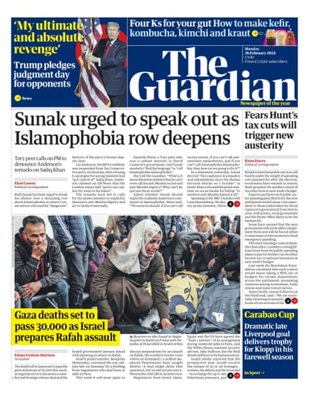 Guardian front page, Monday 26 February 2024