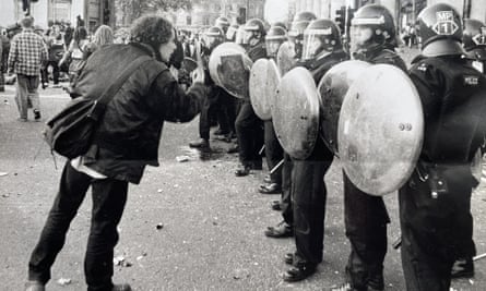 Harrison and riot police, Trafalgar Square, 1994.