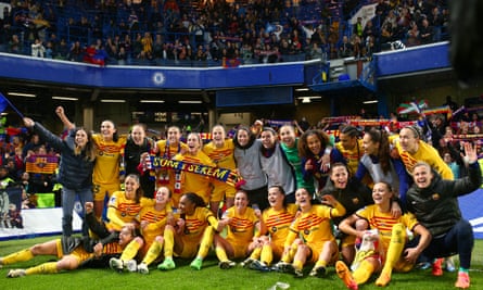 Barcelona players pose for a photo after the Women’s Champions League 2023/24 semi-final second leg victory over Chelsea at Stamford Bridge.