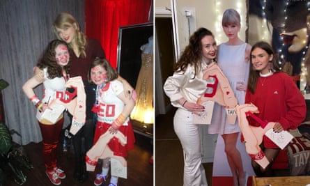A composite picture of Honor McWilliams and her sister Grace with Taylor Swift in 2014 and in 2021 with a lifesize cutout of the singer