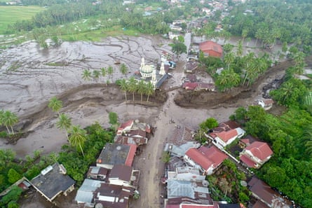 Aerial view of flash floods and cold lava flow from a volcano in Tanah Datar