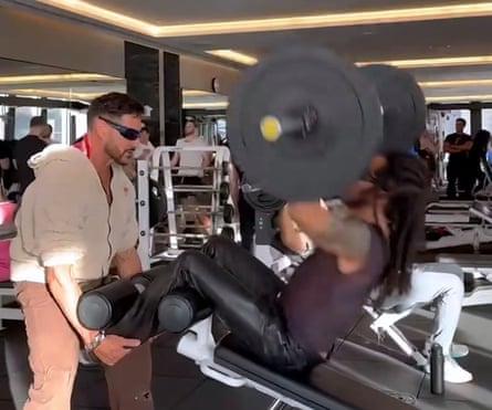 Kravitz working out in leather trousers.