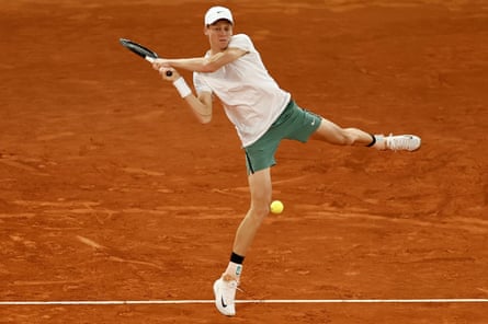 Jannik Sinner fires off a return to Lorenzo Sonego during their men’s singles round of 64 match at the Madrid Open tennis tournament in April 2024.