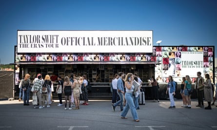 Swifties queue for Eras tour merchandise in Stockholm Sweden.