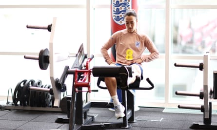 Lucy Bronze prepares in the gym at St George’s Park on Wednesday for England’s game on Friday at home to France.