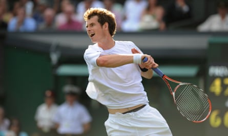 Andy Murray hits a return to Tommy Haas on Wimbledon’s Centre Court in 2008