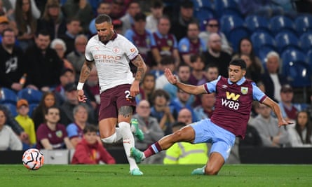 Anass Zaroury fouls Kyle Walker in Burnley’s 3-0 defeat by Manchester City at Turf Moor