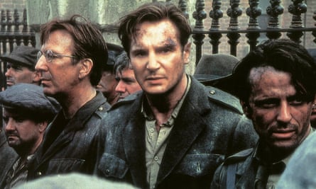 ‘I’ll never be forgiven’ … from left, Alan Rickman, Liam Neeson and Aidan Quinn in Michael Collins.