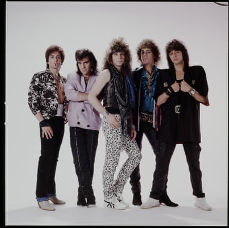 Studio band shot of Bon Jovi in their 80s finery.