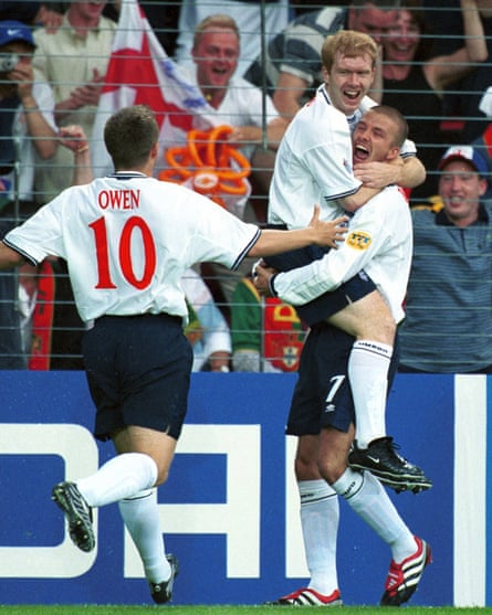 Paul Scholes, David Beckham and Michael Owen celebrate after England scored the first goal in the 3-2 defeat by Portugal at Euro 2000.