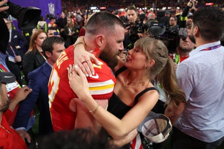 Travis Kelce #87 of the Kansas City Chiefs kisses Taylor Swift after defeating the San Francisco 49ers 2 during Super Bowl LVIII at Allegiant Stadium on February 11, 2024 in Las Vegas, Nevada.