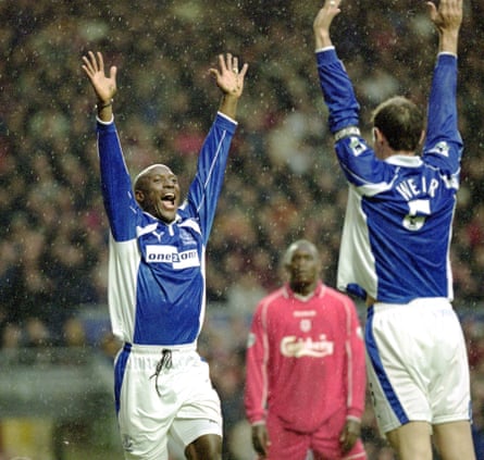 Everton’s Kevin Campbell and David Weir celebrate a goal against Liverpool in 2000
