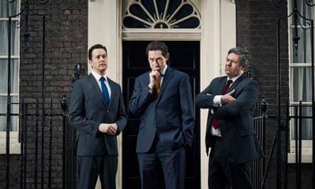 Mark Dexter as David Cameron, Bertie Carvel as Nick Clegg and Ian Grieve as Gordon Brown in Coalition.