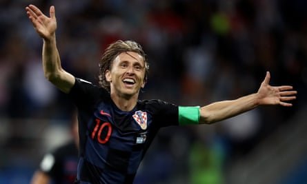 Luka Modric celebrates scoring against Argentina at the 2018 World Cup