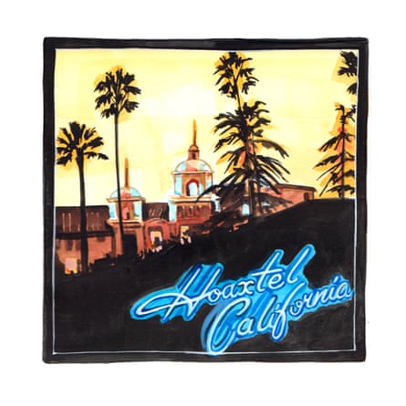 Illustration of the Eagles album cover for Hotel California renamed Hoaxtel California