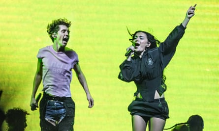 Troye Sivan and Charli xcx performing at Wembley last month.