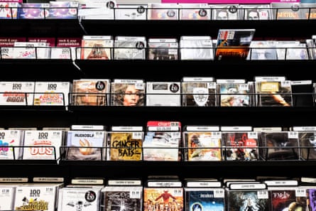 Music CDs on sale in a music shop.