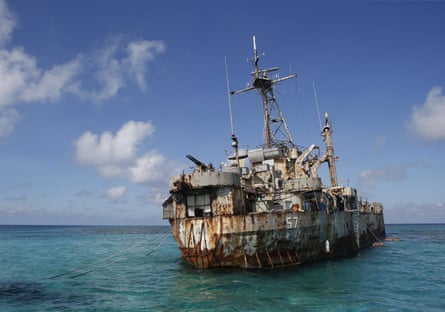 The BRP Sierra Madre, a marooned transport ship which Philippine Marines live on as a military outpost, in the disputed Second Thomas Shoal. 