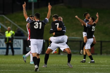 FCB Magpies players celebrate after beating Derry City 3-2 on aggregate