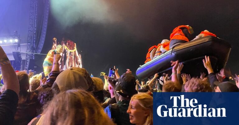 Home secretary says Banksy’s Glastonbury migrant boat ‘celebrated loss of life’