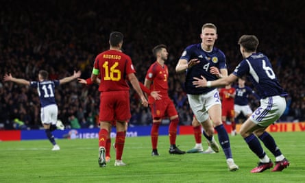 Scott McTominay celebrates scoring his second goal in Scotland’s 2-0 Euro 2024 qualifying win against Spain at Hampden Park in March 2023.