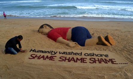 Global shame … a sand sculpture depicting drowned Syrian boy Alan Kurdi.