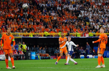 England's Phil Foden has a shot which hits the post during the Euro 2024 semi-final match between Netherlands and England.