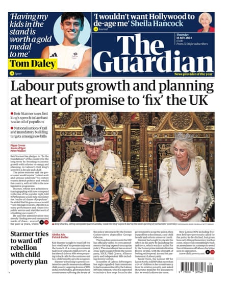 Guardian front page, Thursday 18 July 2024