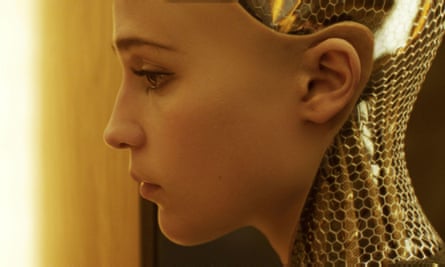 A side shot of Alicia Vikander with a part-android head.  