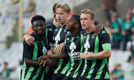 Cercle Brugge celebrate Thibo Somers’ goal during their 1-0 victory against Kilmarnock in the Europa League on Thursday.